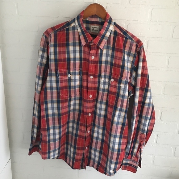 Old Navy Men’s Button down shirt Red Navy Plaid Skater men/unisex L - Picture 2 of 5